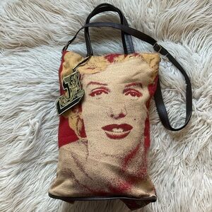 Desigual X Christian Marilyn Monroe Tan Fabric Expandable Crossbody Tote Bag EUC